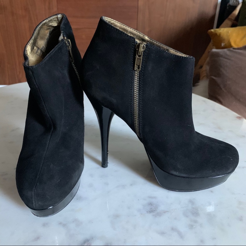 Black suede high heel ankle booties with platform